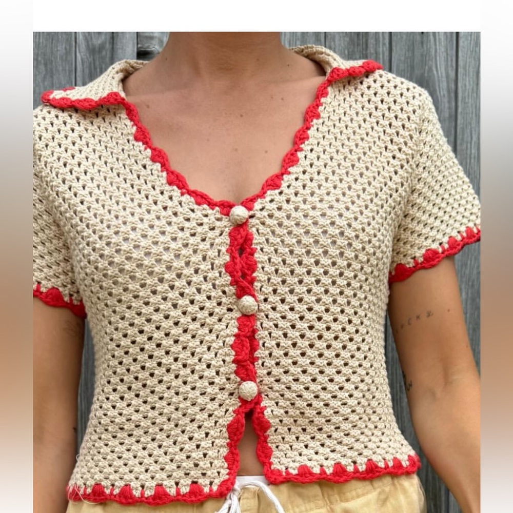 Mustard Seed Cream and Red Crochet Sweater